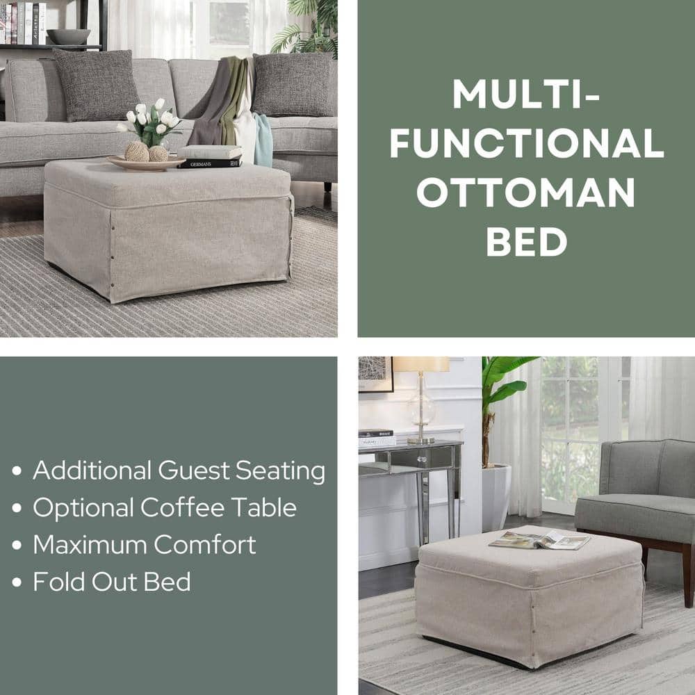 Soft Beige Fabric Folding Bed Ottoman with Metal Frame
