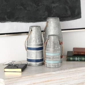 Gray Metal Striped Buoy Sculpture with Rope Handles (Set of 3)