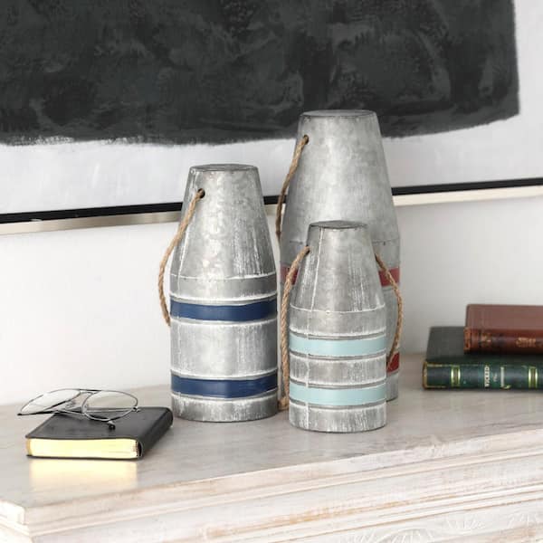 Litton Lane Gray Metal Striped Buoy Sculpture with Rope Handles (Set of 3)