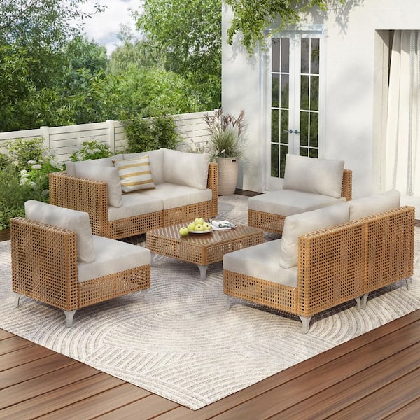 Cesicia 7-Piece Outdoor Patio Rattan Wicker Conversation Set Sectional Set with Water Resistant Beige Thick Cushions and Table
