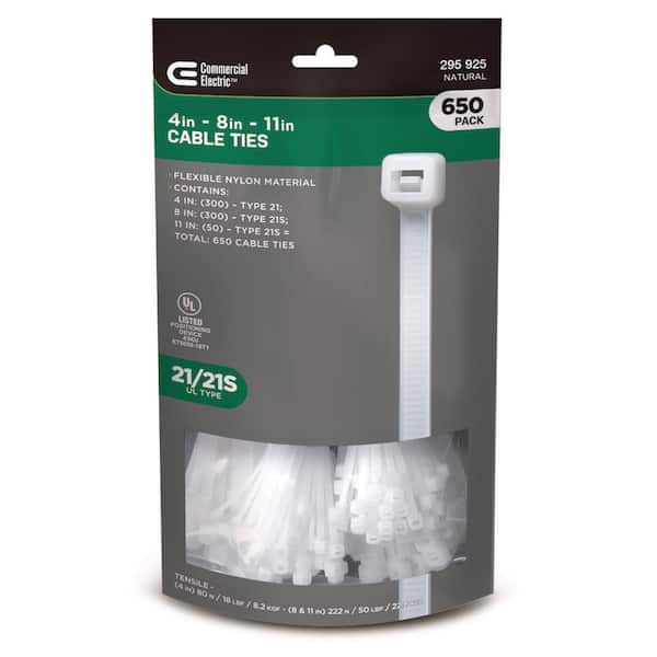 4in, 8in, 11in Assorted Standard UL 21S Rated Cable Zip Ties 650 COMBO Pack Natural (White)