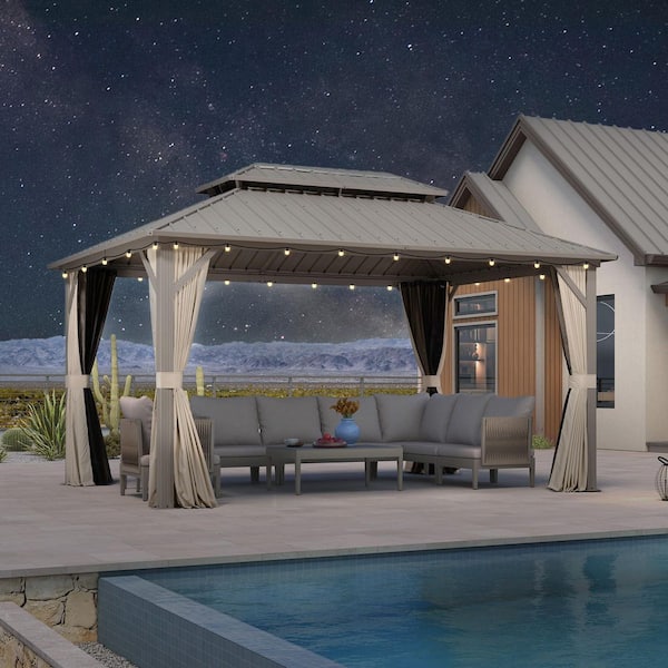 10 ft. x 14 ft. Champagne Aluminum Hardtop Gazebo Canopy with Galvanized Steel Double Roof Curtains and Netting 24-Light