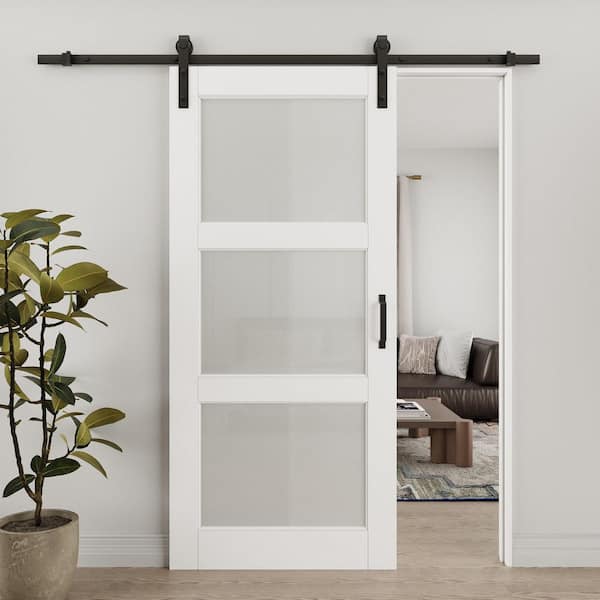 36 in. x 80 in. 3-Lite Tempered Frosted Glass White Primed MDF Composite Sliding Barn Door with Hardware Kit