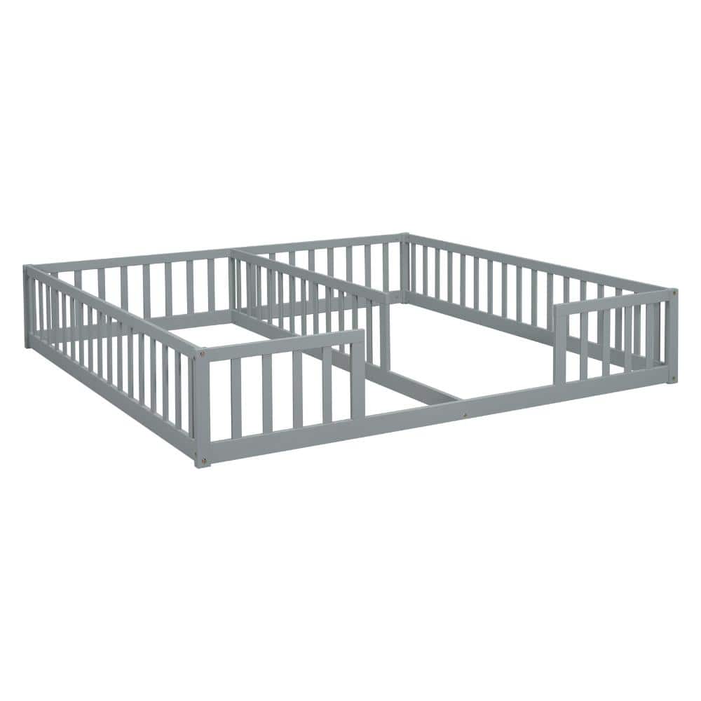 Grey Pine Wood Twin Floor Platform Bed with Guardrails and Shared Opening durable construction price history on PriceWatchPro