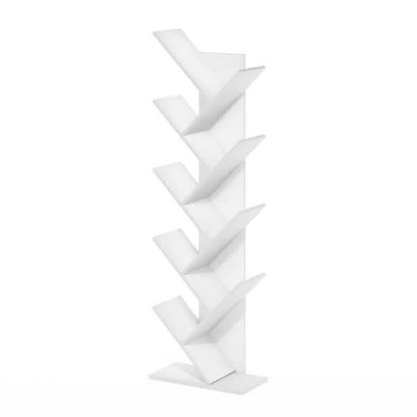 Furinno Tree 50.87 in. Tall White Wood 9-Shelf Standard Bookcase with Storage