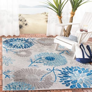 Cabana Gray/Blue Doormat 3 ft. x 5 ft. Floral Leaf Indoor/Outdoor Patio Area Rug