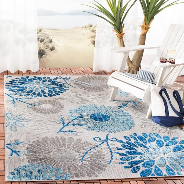Cabana Gray/Blue 4 ft. x 4 ft. Floral Leaf Indoor/Outdoor Square Area Rug