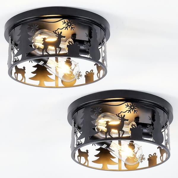11.2 in. Farmhouse Round Matte Black Iron Flush Mount Ceiling Light with Deer and Snowman Cutouts for Bedroom (2-Pack)