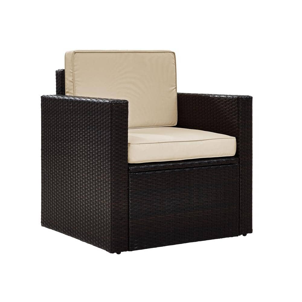 Palm Harbor Sand and Brown Outdoor Wicker Armchair with Cushions