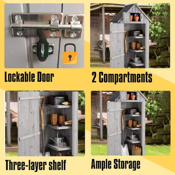 2.8 ft. W x 1.7 ft. D Wood Shed Outdoor Tool Storage with Lockable Door for Backyard Garden Lawn, Gray (4.76 sq.ft.)