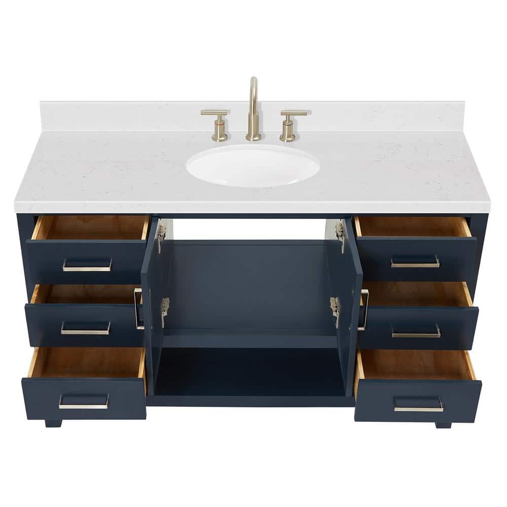 Midnight Blue Hardwood Single Bathroom Vanity with Carrara Quartz Top