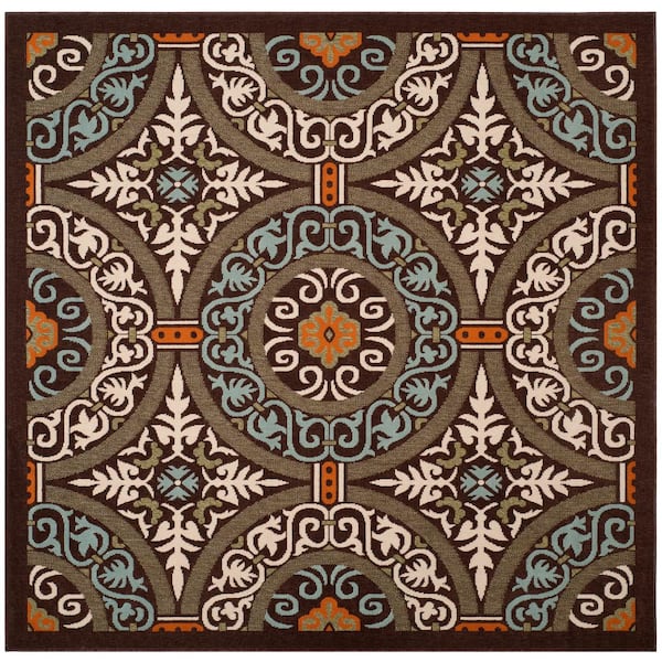 Veranda Chocolate/Aqua 5 ft. x 5 ft. Border Geometric Indoor/Outdoor Square Area Rug