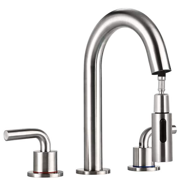 AKLFGN Double Handles 8 in. Widespread Bathroom Faucet 3-Hole with Pull Out Sprayer Bathroom Sink Faucet in Brushed Nickel