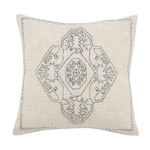 Embroidered Off-White / Navy Blue Damask Medallion Soft Poly-fill 20 in. x 20 in. Indoor Throw Pillow