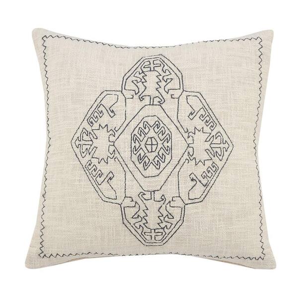 LR Home Embroidered Off-White / Navy Blue Damask Medallion Soft Poly-fill 20 in. x 20 in. Throw Pillow