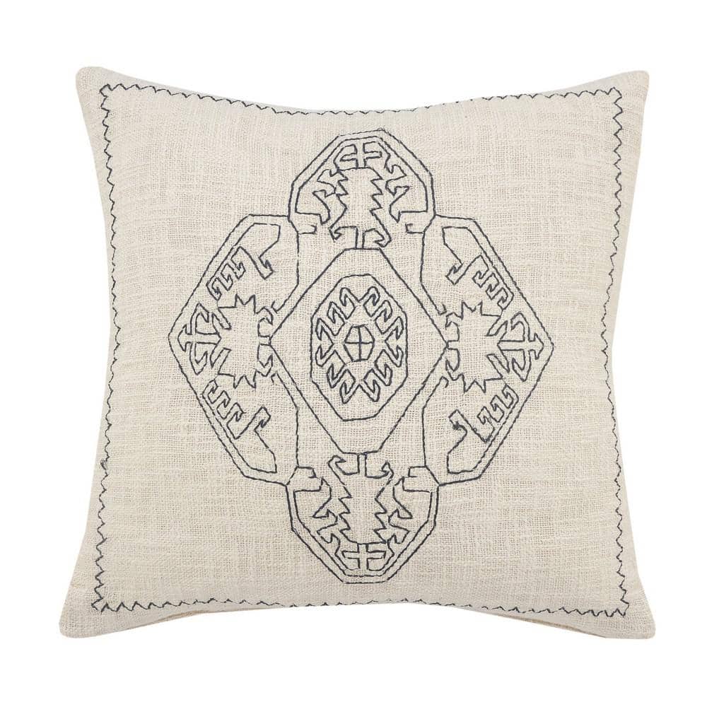 Embroidered Off-White / Navy Blue Damask Medallion Soft Poly-fill 20 in. x 