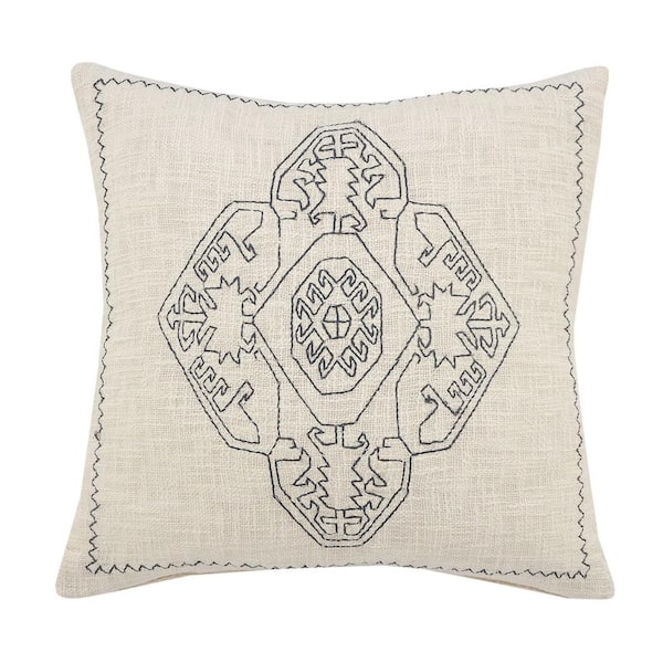 Unbranded Embroidered Off-White / Navy Blue Damask Medallion Soft Poly-fill 20 in. x 20 in. Indoor Throw Pillow