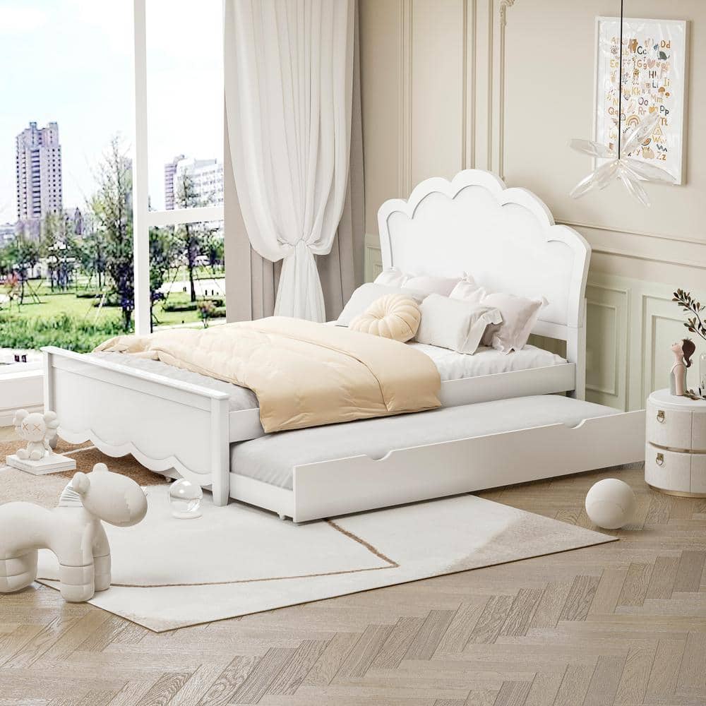 Qualler White Wood Frame Full Size Platform Bed with Twin Size Trundle and Headboard FSUBWM690K The Home Depot