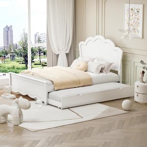 White Wood Frame Full Size Platform Bed with Twin Size Trundle and Headboard