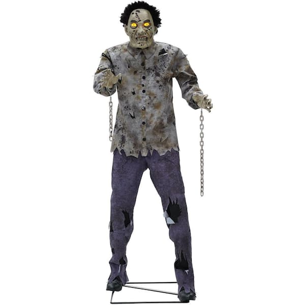 Haunted Hill Farm 6 ft. Tall Motion-Activated Guard Zombie, Dragging chains, Eyes Light up in yellow LEDs, Premium Halloween Animatronic
