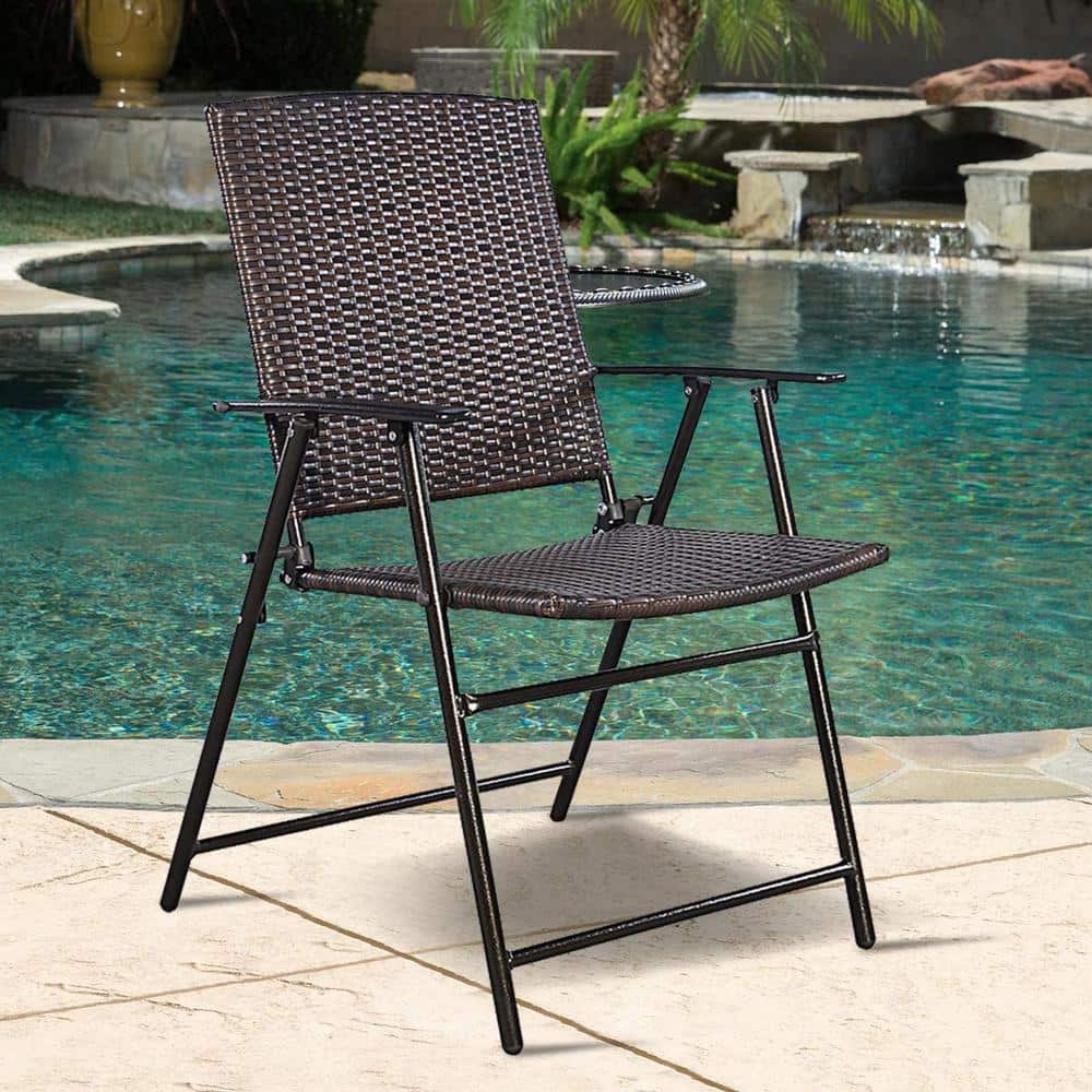 Brown Wicker Folding Outdoor Dining Chairs with Steel Frame, Set of 4