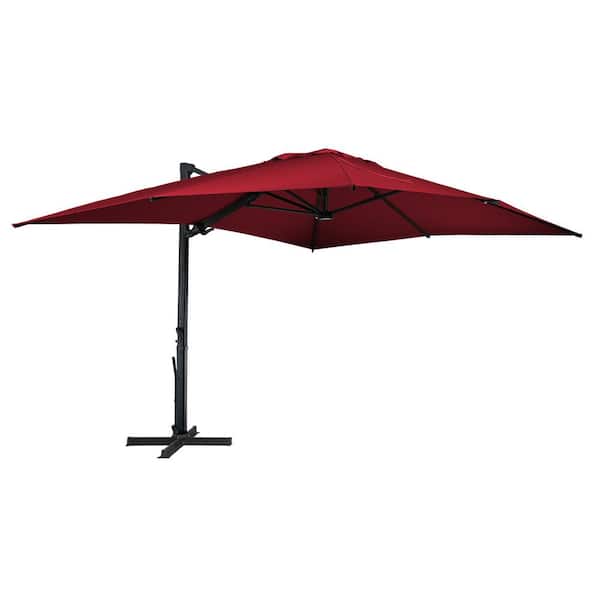 Mondawe 10 ft. x 13 ft. Rectangle Aluminum Cantilever Tilt Outdoor Patio Umbrella with LED Light, Cross Base Stand in Red