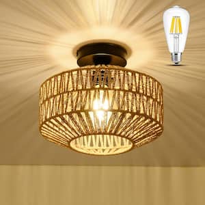 11.8 in. Rattan Chandelier Light Fixture with Dimmable LED Bulb, Hand Woven Flush Mount Ceiling Light