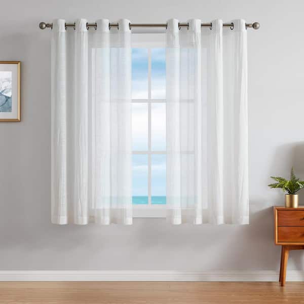 Nautica Cordelia White Faux Linen Crushed 52 in. W x 63 in. L Grommet Window Sheer Curtains (2 Panels)