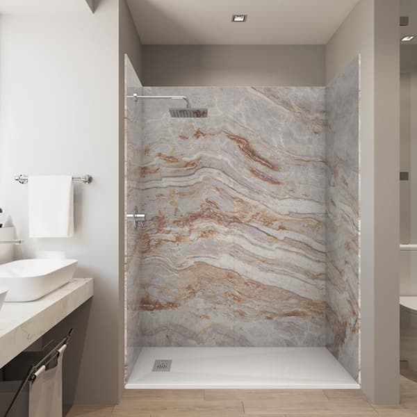 Nacarado Brown 32 in. x 60 in. x 84 in. Solid Composite Stone Alcove Shower Kit with Walls and White Pan Base L/R Drain