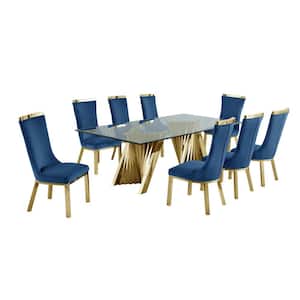 Becky 9-Piece Rectangular Glass Top with Gold Stainless Steel Base Table Set with 8-Navy Blue Velvet Side Chairs