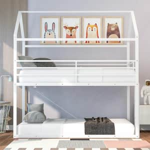 White Twin over Twin Metal Bunk Bed With Ladder and House Roof, Low Floor Kids House Bunk Bed Frame with Safe Guardrail