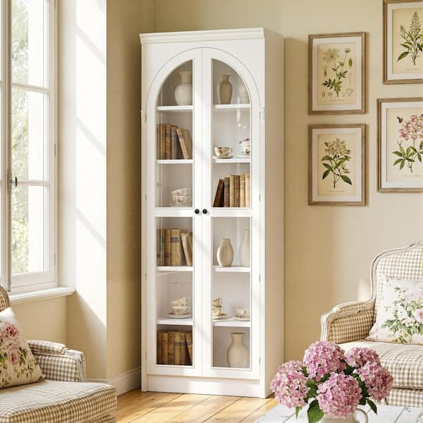White 86.6 in. Accent Cabinet Storage with 6-Shelves, 2-Arched Glass Doors and LED Lighting for Living Room Display
