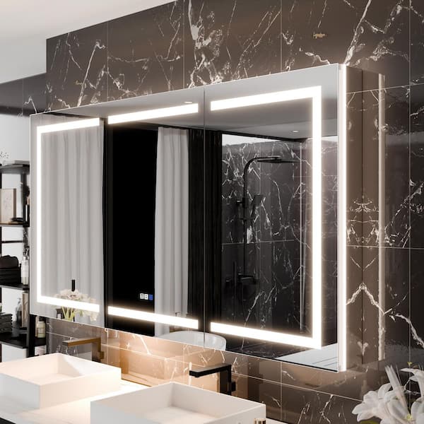 66 in. W x 36 in. H Rectangular Aluminum Recessed/Surface Mount LED Medicine Cabinet with Mirror, 10X Magnifier, USB