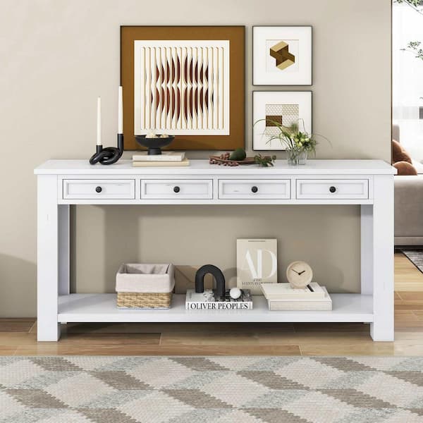 Polibi 63 in. Antique White Rectangle Wood Console Table with