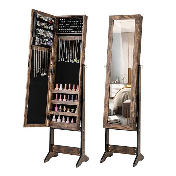 13 in. x 56 in. Rustic Brown Freestanding MDF Jewelry Armoire Storage Organizer with Mirror