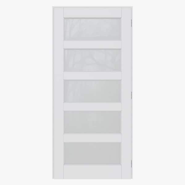 36 in. x 80 in. Left Handed 5 Lites Frosted Glass White Finished Solid Core MDF Single Interior Door with Jamb