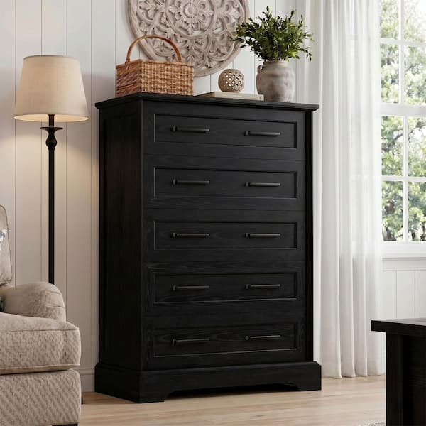 black wood dresser tall LACOO 31.5 in. W 5-Drawer Chest, Vertical Storage Cabinet, Grain Veneer and Metal Pulls, Black V-WD-0945-0 Vintage Charm Polka Dot casual maxi dresses and personal accessories Size:M (Waist 62-98 cm)