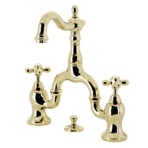 English Country 4 to 8 Bridge 2-Handle Bathroom Faucet with Brass Pop-Up in Polished Brass
