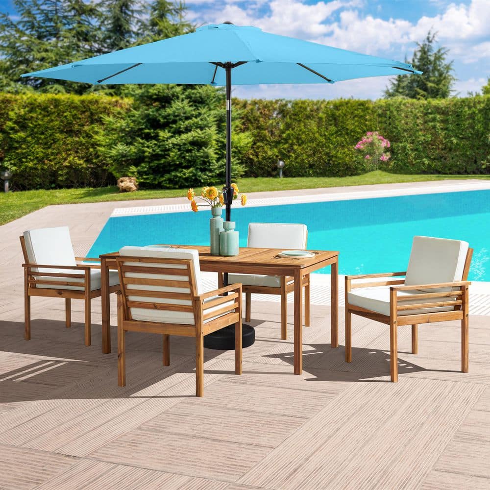 6 Piece Okemo Wood Outdoor Dining Set - Table and 4 Chairs with Cream Cushions and 10 ft. Auto Tilt Blue Umbrella price history on PriceWatchPro