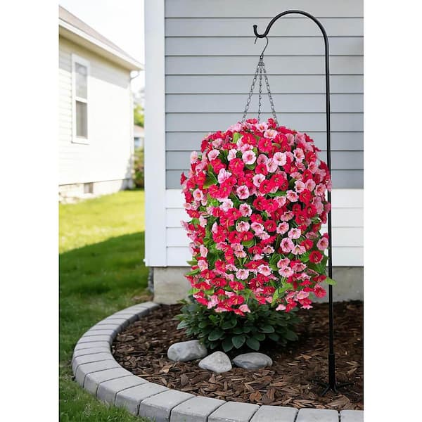 25 in. Hot Pink Outdoor Hanging Artificial Petunia in Brown Basket