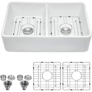 White Ceramic Rectangular 32 in. Double Bowl Farmhouse Apron Kitchen Sink with Bottom Grid and Basket Strainer