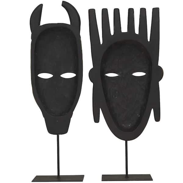 Litton Lane Black Polystone Handmade Carved Mask Sculpture (Set of 2)