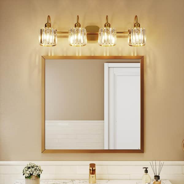 Merrin 32 in. 4-Light Brushed Gold Bathroom Vanity Light with Crystal Shades