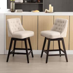 26 in. Counter Height Beige Linen Fabric Solid Wood Leg Swivel Bar Stool (Set of 2)