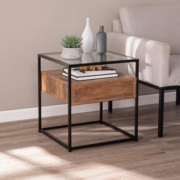 Southern Enterprises Winnifred Black And Natural Glass Top Storage End Table Hd434261 The Home Depot And Natural Glass Top Storage End Table, Wood End Tables With Glass Top
