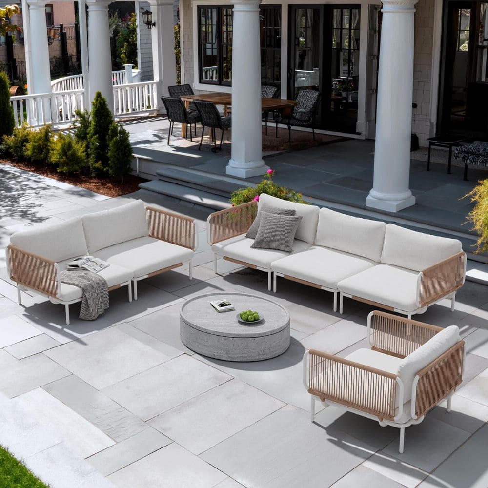 6-Piece Metal Outdoor Sectional Furniture Set Drawcord Patio Sectional Sofa Set with Removable Armrest and Beige Cushion