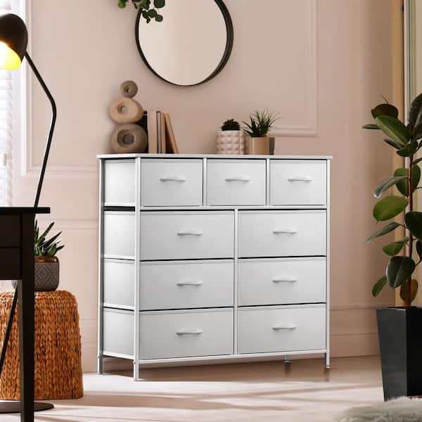 Dresser with Steel Frame, Wood Top and Easy Pull Fabric Bins, White 9-Drawer 39.5 in. Wide Dresser Without Mirror