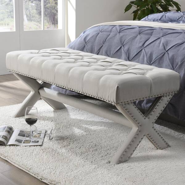 Inspired Home Bryoni Cream White Linen Bench Button Tufted Nailhead Trim X-Leg