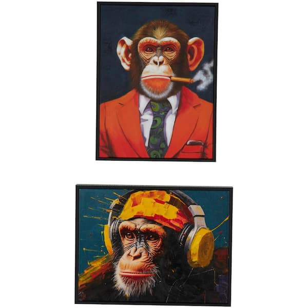 Litton Lane 2-Panel Monkey Business Framed Wall Art with Cigar and Headphones 17 in. x 13 in.