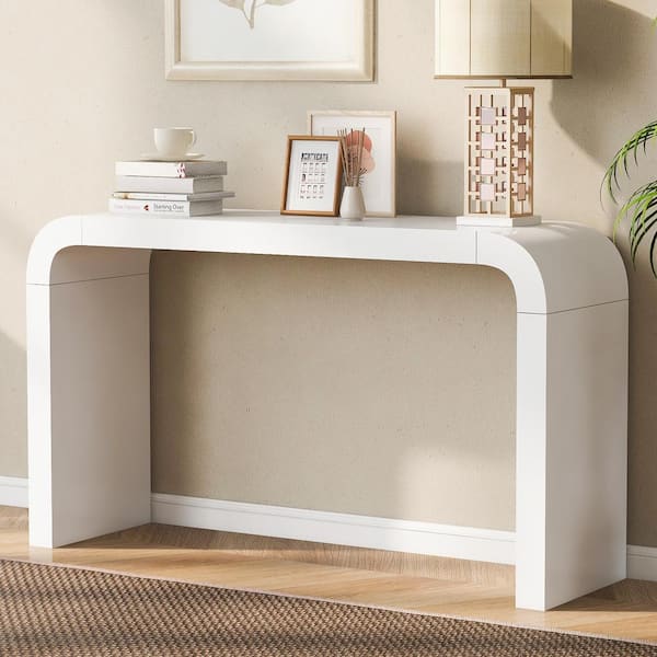 Harper & Bright Designs Minimalism 55.1 in. White Curved(Specialty) Acacia Wood Veneer and MDF Console Table for Living Rooms, Entrances, Study